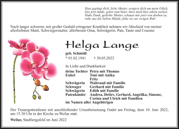 Traueranzeige von Helga Lange von Südthüringer Presse