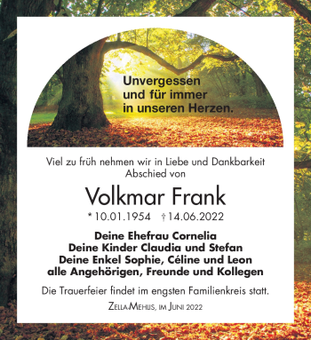 Traueranzeige von Volkmar Frank von Südthüringer Presse
