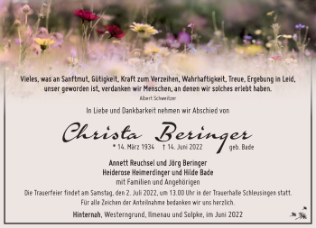 Traueranzeige von Christa Beringer von Südthüringer Presse