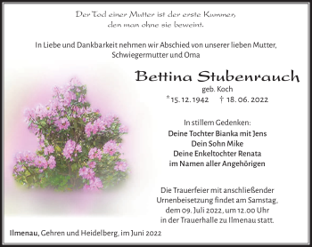 Traueranzeige von Bettina Stubenrauch von Südthüringer Presse