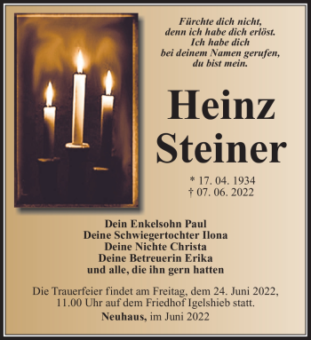 Traueranzeige von Heinz Steiner von Südthüringer Presse