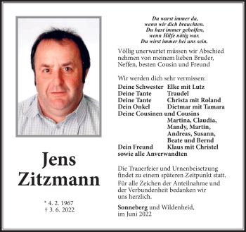 Traueranzeige von Jens Zitzmann von Südthüringer Presse