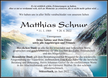 Traueranzeige von Matthias Schnur von Südthüringer Presse