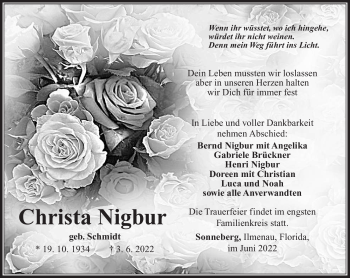 Traueranzeige von Christa Nigbur von Südthüringer Presse