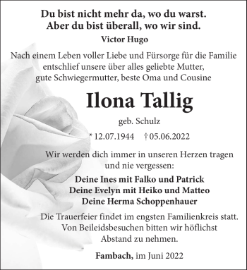 Traueranzeige von Ilona Tallig von Südthüringer Presse