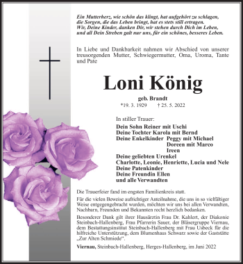 Traueranzeige von Loni König von Südthüringer Presse