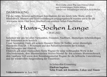 Traueranzeige von Hans-Jochen Lange von Südthüringer Presse