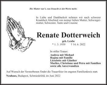 Traueranzeige von Renate Dotterweich von Südthüringer Presse