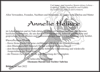 Traueranzeige von Annelie Heinze von Südthüringer Presse