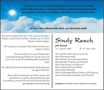 Traueranzeige von Sindy Resch von Südthüringer Presse