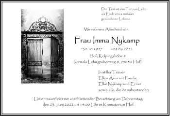 Traueranzeige von Imma Nykamp von Frankenpost
