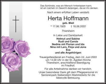 Traueranzeige von Herta Hoffmann von Frankenpost