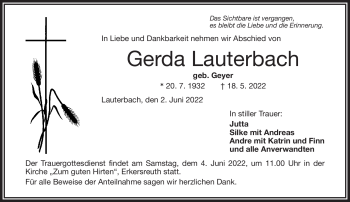 Traueranzeige von Gerda Lauterbach von Frankenpost