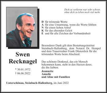 Traueranzeige von Swen Recknagel von Südthüringer Presse