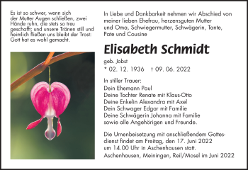 Traueranzeige von Elisabeth Schmidt von Südthüringer Presse