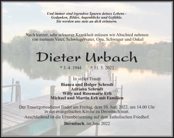 Traueranzeige von Dieter Urbach von Südthüringer Presse