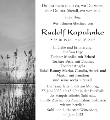 Traueranzeige von Rudolf Kapahnke von Südthüringer Presse