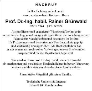 Traueranzeige von Rainer Grünwald von Südthüringer Presse