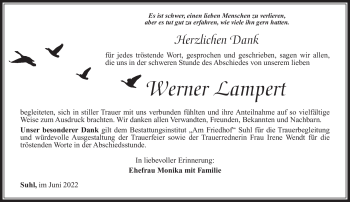 Traueranzeige von Werner Lampert von Südthüringer Presse