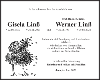 Traueranzeige von WernerGisela LinßLinß von Südthüringer Presse
