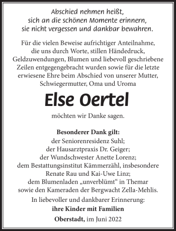 Traueranzeige von Else Oertel von Südthüringer Presse