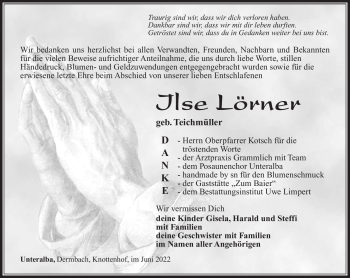 Traueranzeige von Ilse Lörner von Südthüringer Presse