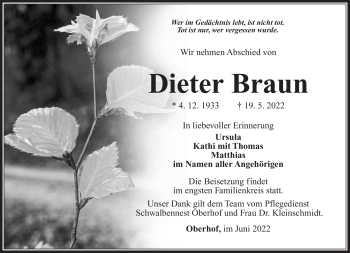 Traueranzeige von Dieter Braun von Südthüringer Presse