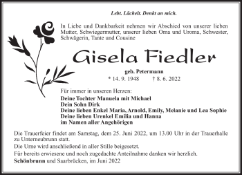 Traueranzeige von Giesela Fiedler von Südthüringer Presse