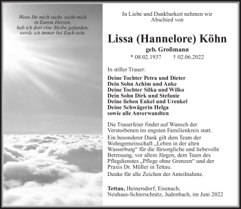Traueranzeige von Lissa Köhn von Südthüringer Presse