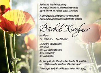 Traueranzeige von Bärbel Kirchner von Südthüringer Presse