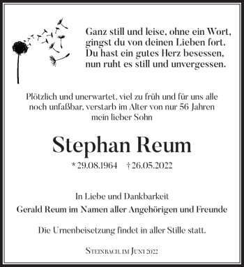 Traueranzeige von Stephan Reum von Südthüringer Presse