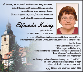 Traueranzeige von Elfriede Krieg von Südthüringer Presse