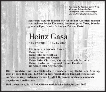 Traueranzeige von Heinz Gasa von Südthüringer Presse