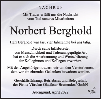 Traueranzeige von Berghold Norbert von Südthüringer Presse