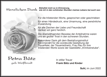 Traueranzeige von Petra Bätz von Südthüringer Presse
