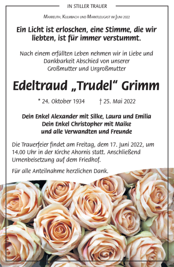Traueranzeige von Edeltraud Grimm von Frankenpost