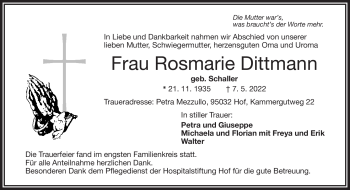 Traueranzeige von Rosmarie Dittmann von Frankenpost