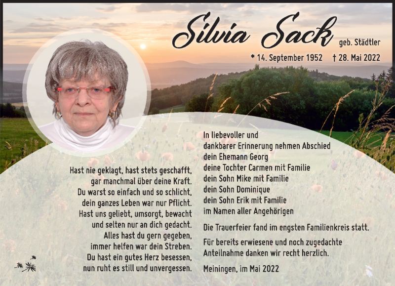  Traueranzeige für Silvia Sack vom 11.06.2022 aus Südthüringer Presse