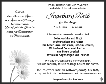Traueranzeige von Ingeburg Reiß von Südthüringer Presse
