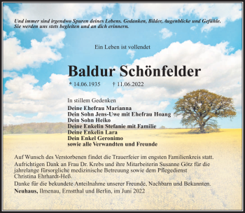 Traueranzeige von Baldur Schönfelder von Südthüringer Presse