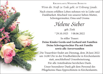 Traueranzeige von Helene Sieber von Frankenpost