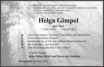Traueranzeige von Helga Gimpel von Südthüringer Presse