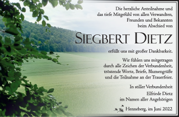 Traueranzeige von Siegbert Dietz von Südthüringer Presse