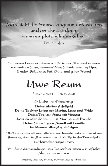 Traueranzeige von Uwe Reum von Südthüringer Presse