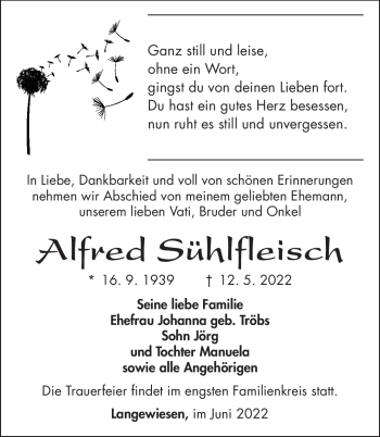 Traueranzeige von Alfred Sühlfleisch von Südthüringer Presse