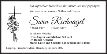Traueranzeige von Swen Recknagel von Südthüringer Presse