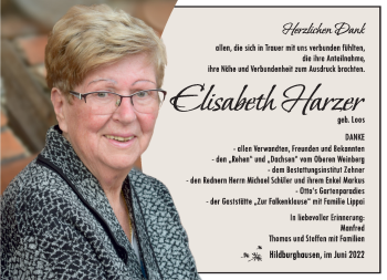 Traueranzeige von Elisabeth Harzer von Südthüringer Presse