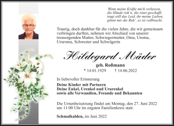 Traueranzeige von Hildegard Mäder von Südthüringer Presse
