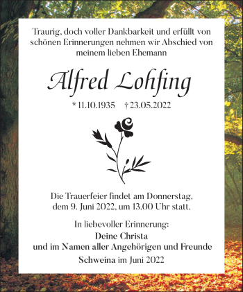 Traueranzeige von Albert Lohfing von Südthüringer Presse