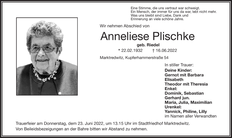  Traueranzeige für Anneliese Plischke vom 21.06.2022 aus Frankenpost